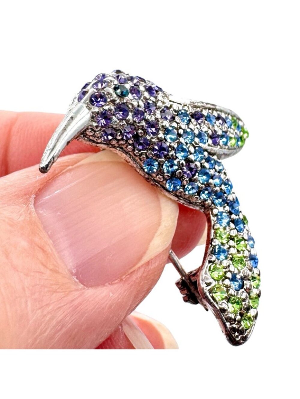 Monet Hummingbird Brooch Pin Silver Tone Pave Purple Blue Green Rhinestones 1" - Picture 3 of 16